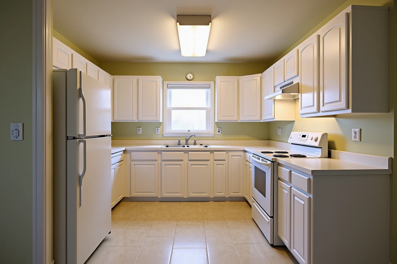 The same kitchen with the oak doors and drawer fronts replaced by painted white panel doors, counters and appliances unchanged.