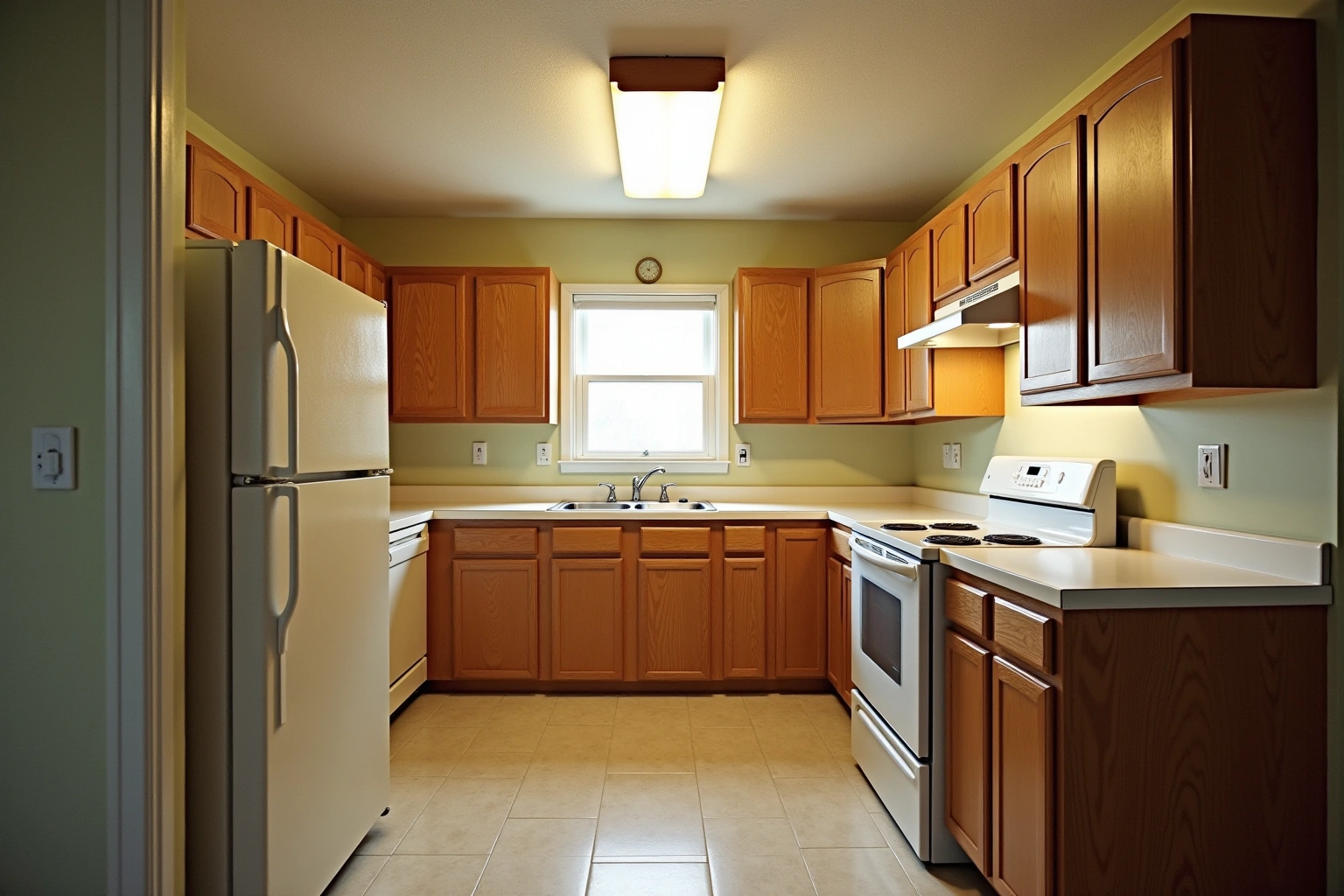 Dated kitchen with honey oak arched raised-panel cabinets, laminate counters, an almond refrigerator, white coil range and fluorescent box light.