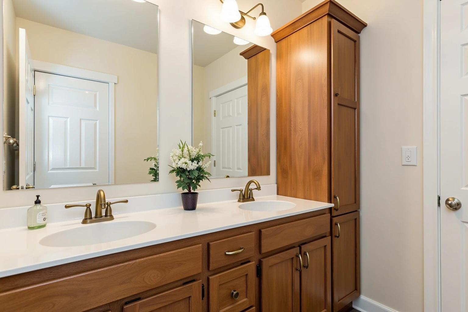 Double vanity in warm honey-toned wood with a white top, two oval sinks, brass faucets and a tall linen cabinet.