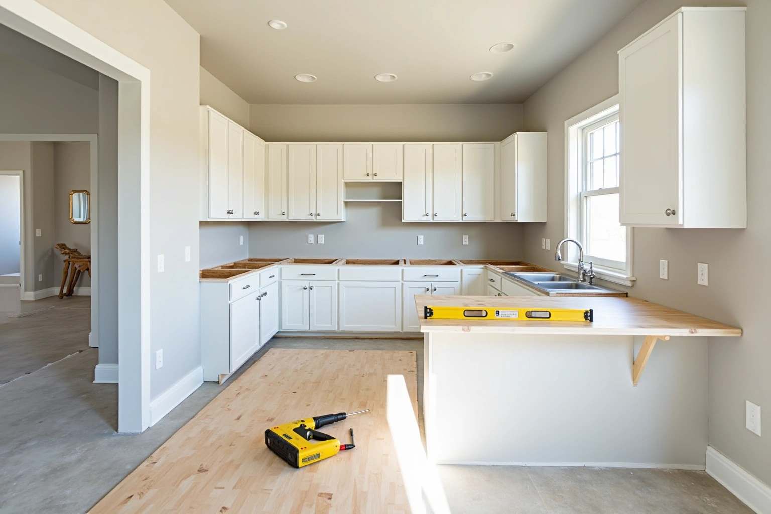 White shaker cabinets set before countertops, a yellow level on the plywood peninsula and a drill on the floor.