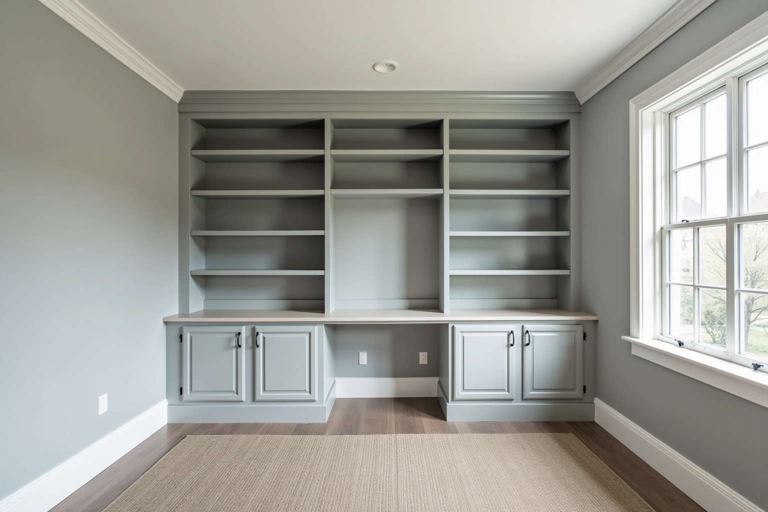 Grey-green painted built-in with open shelves above a desk niche and raised-panel lower doors, beside a tall window.