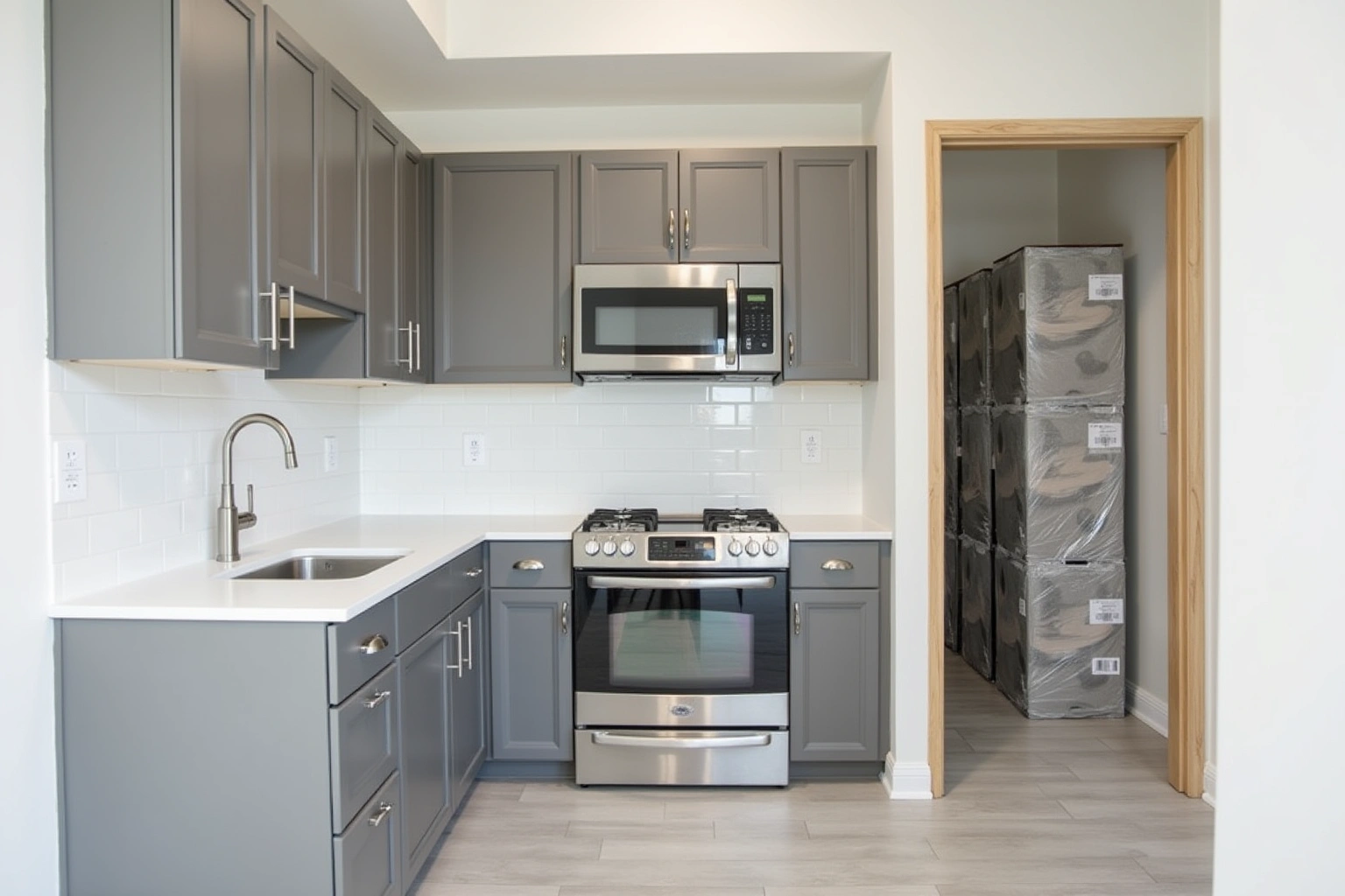 Grey shaker apartment kitchen with white quartz, a stainless range and microwave, wrapped cabinet boxes stacked through the doorway.