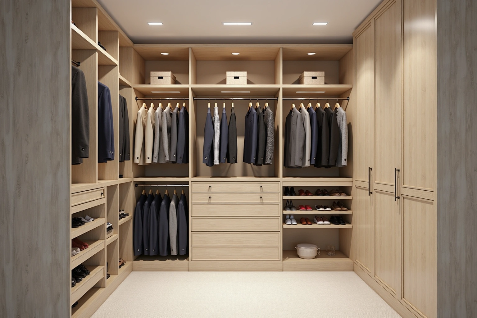 Light oak fitted closet with double and long hanging sections, a bank of drawers, angled shoe shelves and tall doors.