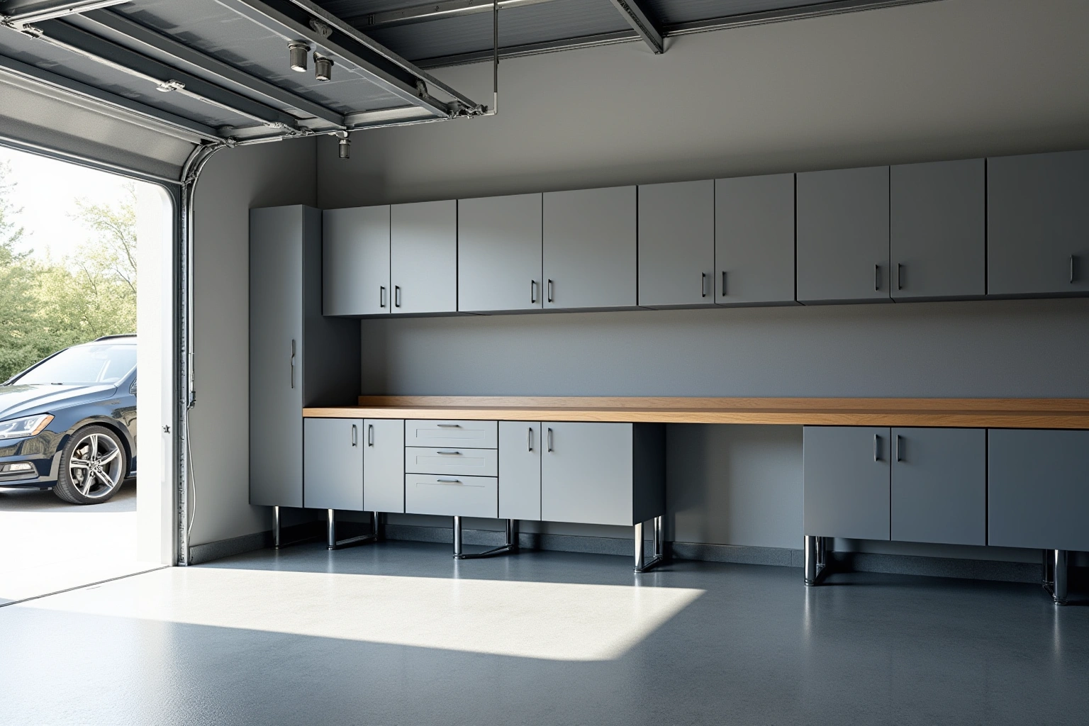 Grey steel garage cabinets on legs with a wood workbench top, epoxy floor and a dark car outside the door.