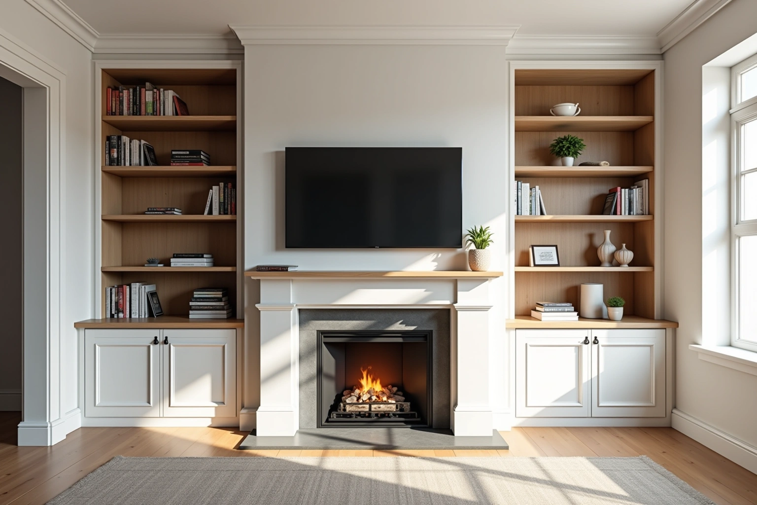 White painted built-in bookcases with oak-lined shelves flank a fireplace and a dark television above its mantel.