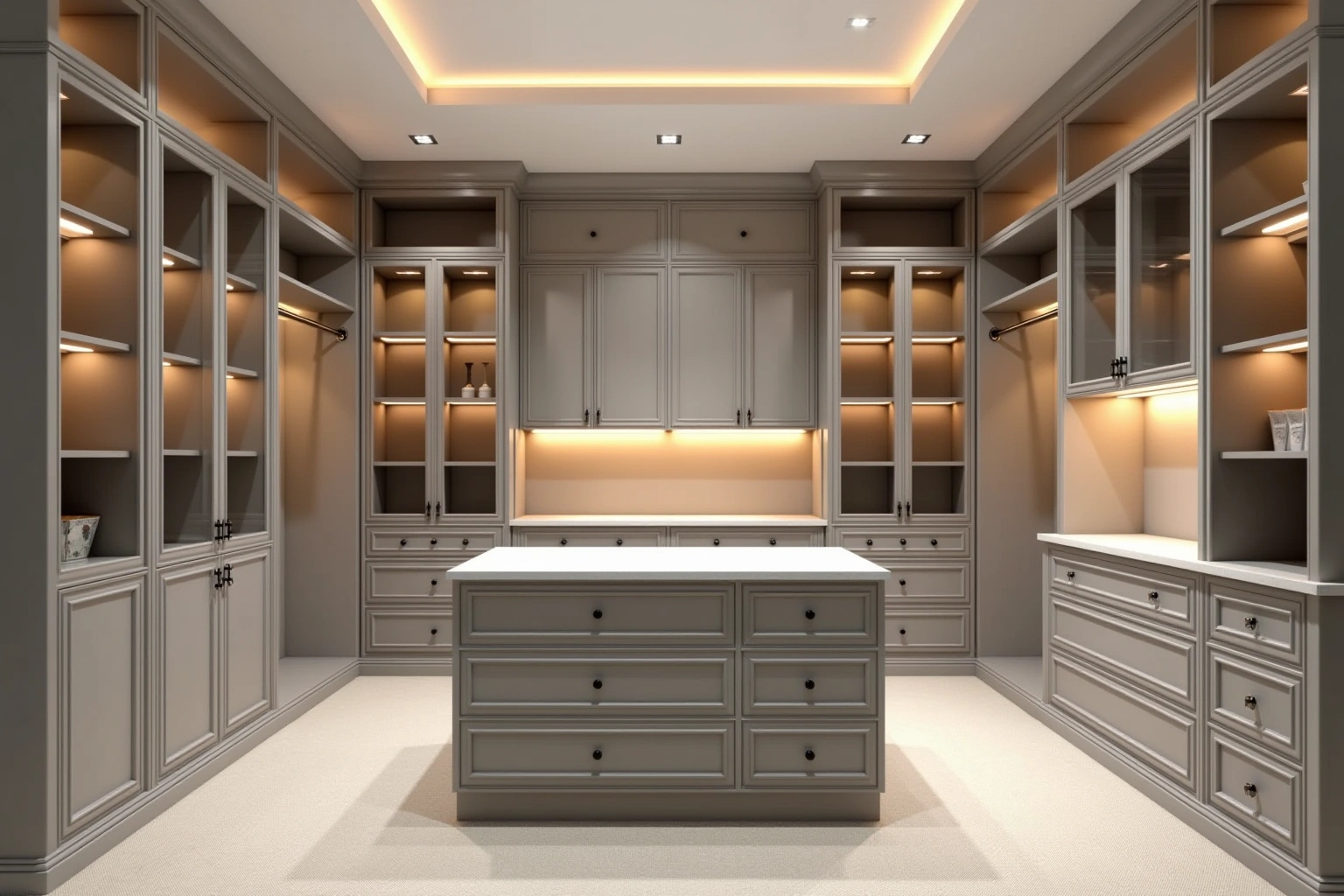 Walk-in closet in soft taupe with glass-front upper doors, lit shelves and a central island of drawers.