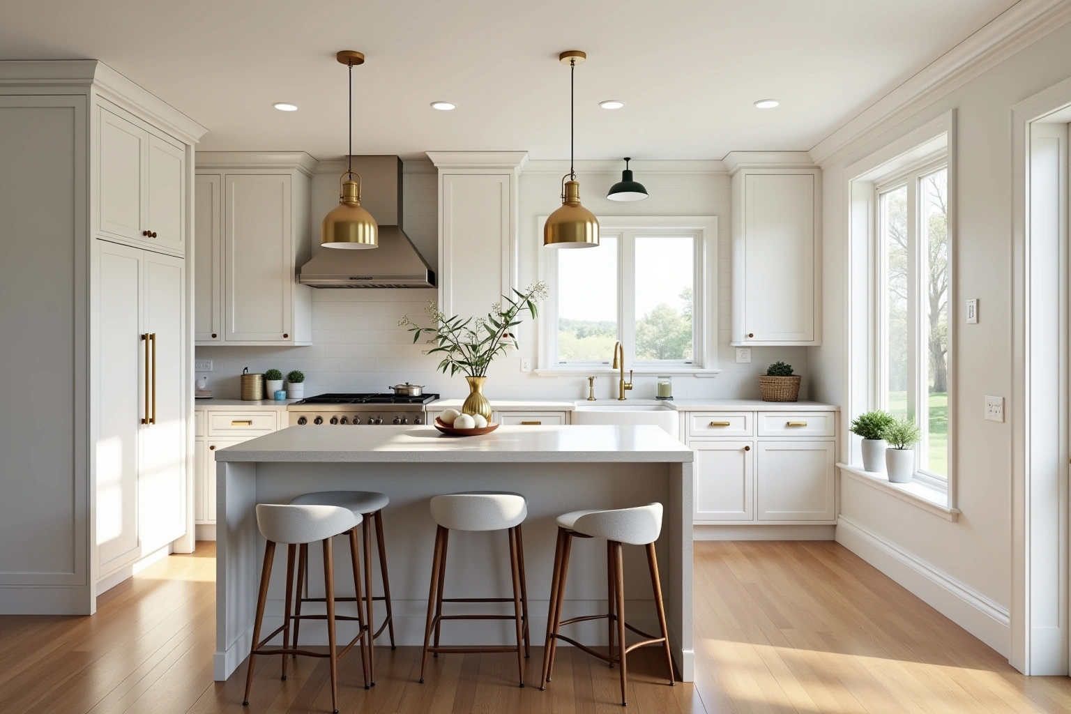 White shaker kitchen with brass pulls, a grey island with three upholstered stools under two brass pendants.