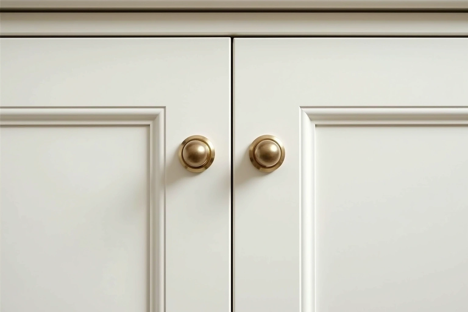 Close view of two cream inset doors with round brass knobs and a narrow even reveal inside the face frame.