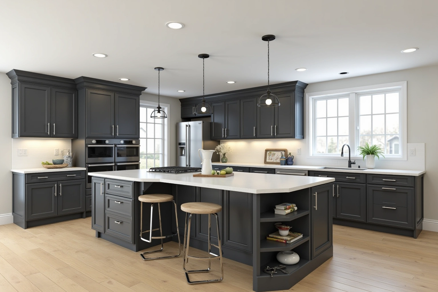 Large charcoal island with drawers and an open end bookcase, a white quartz top and two stools under glass pendants.