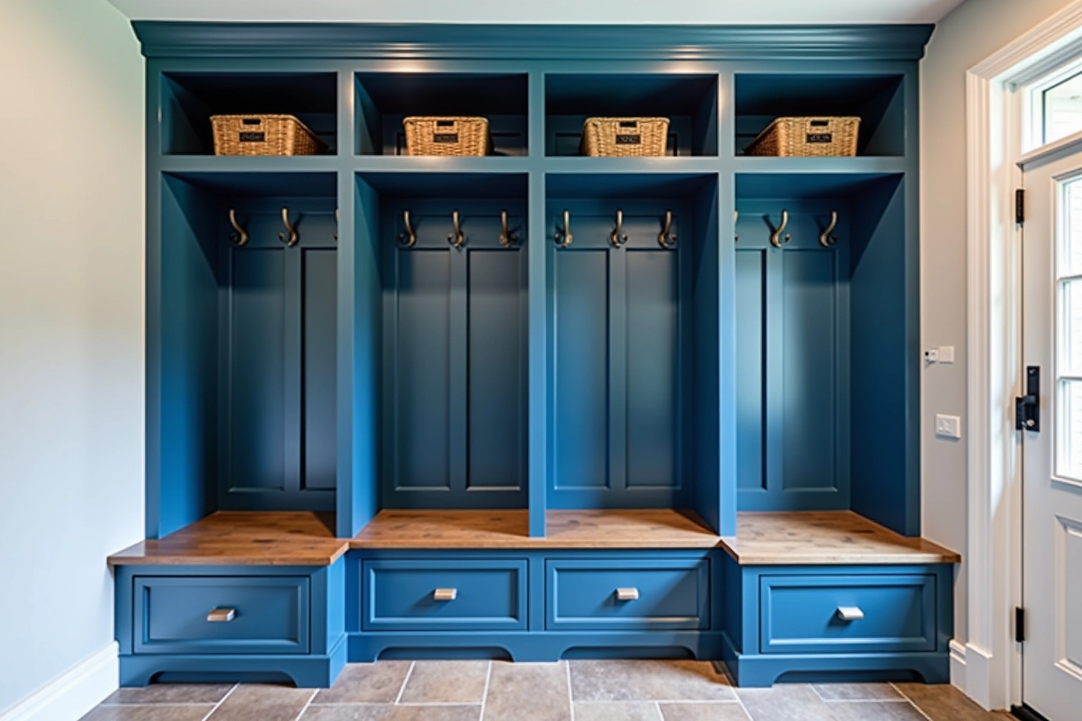 Four deep blue mudroom lockers with wood benches, hooks, drawers below and wicker baskets in the cubbies above.
