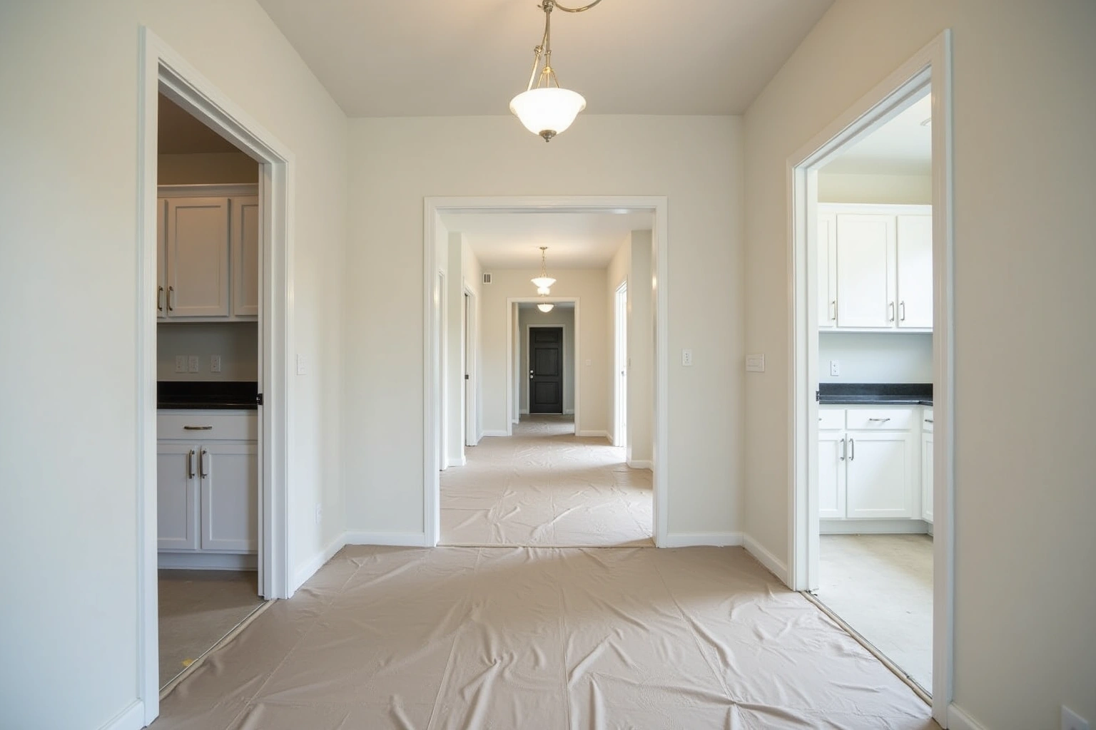 Corridor of a new apartment building with open doors showing matching white shaker kitchens, floors covered in protective paper.