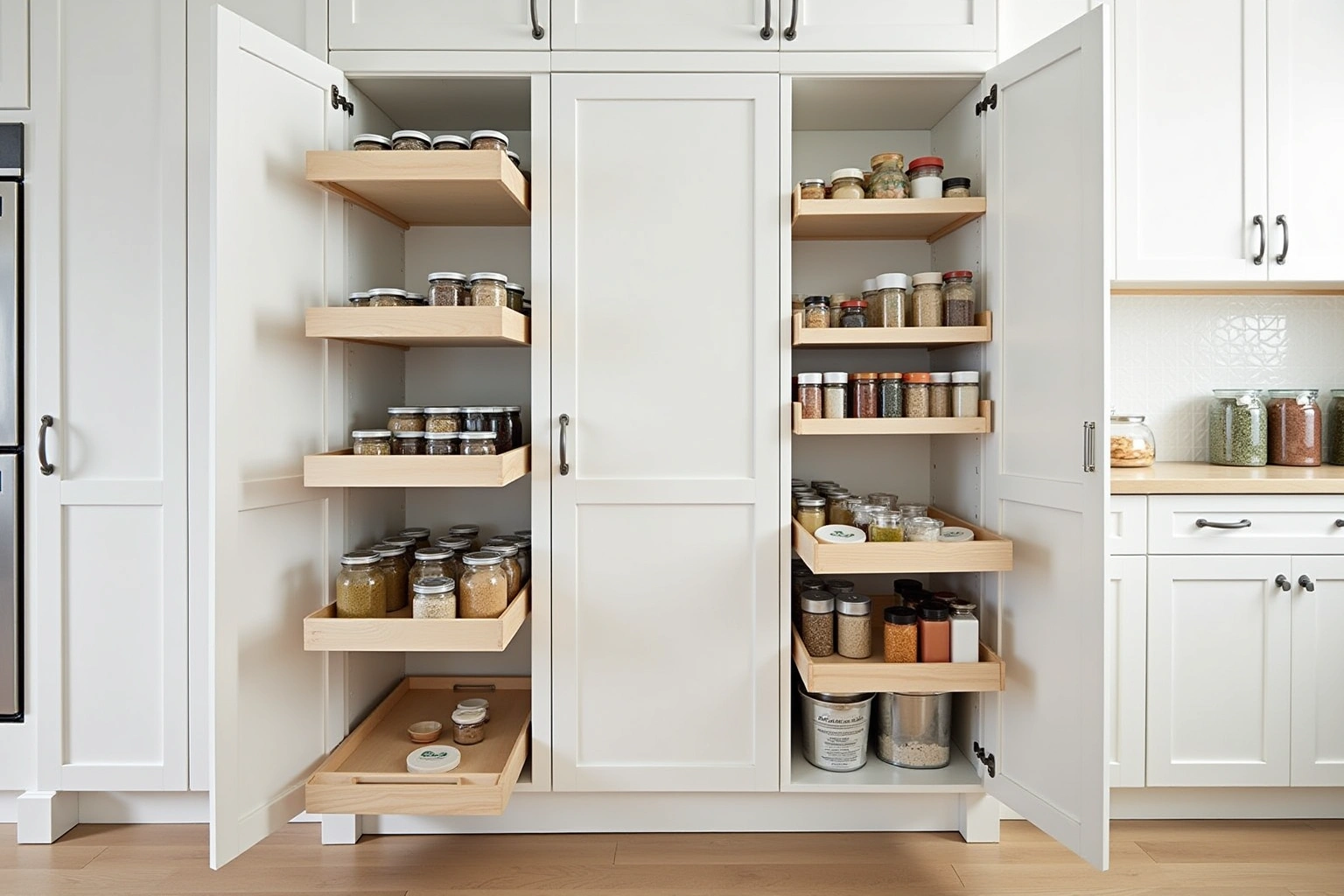 Tall white pantry cabinet with its doors open on wooden roll-out trays filled with jars and dry goods.
