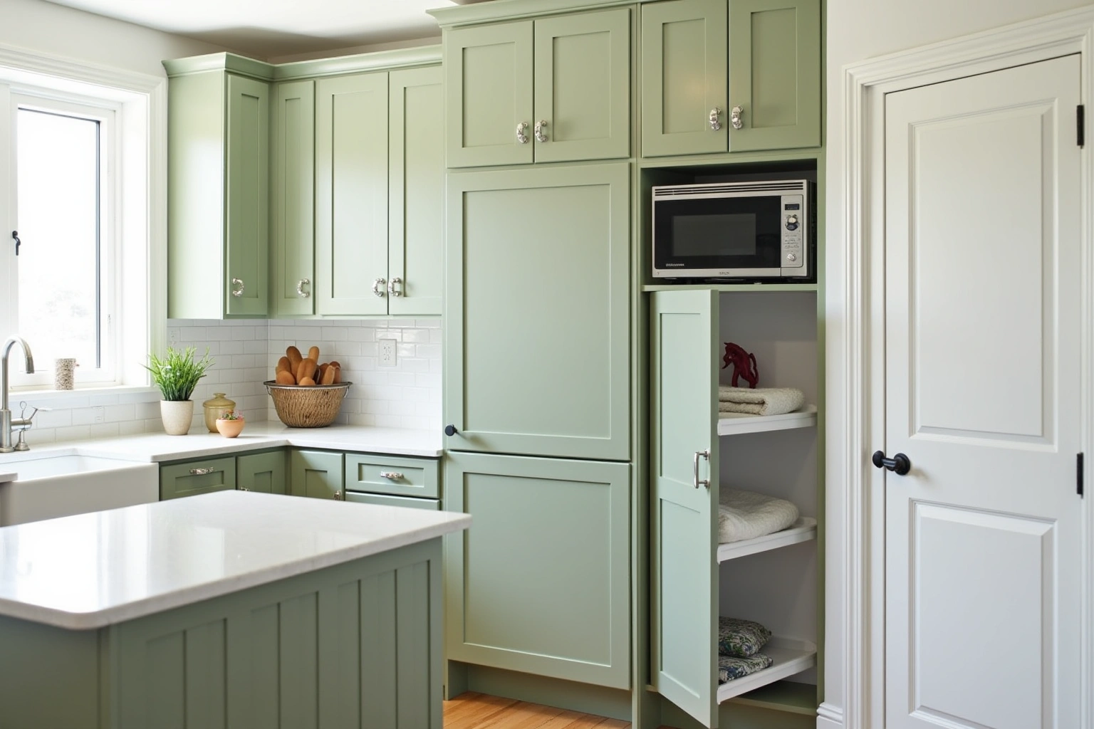 Sage green shaker cabinets with polished nickel knobs, a tall pantry cabinet, a microwave niche and white quartz counters.