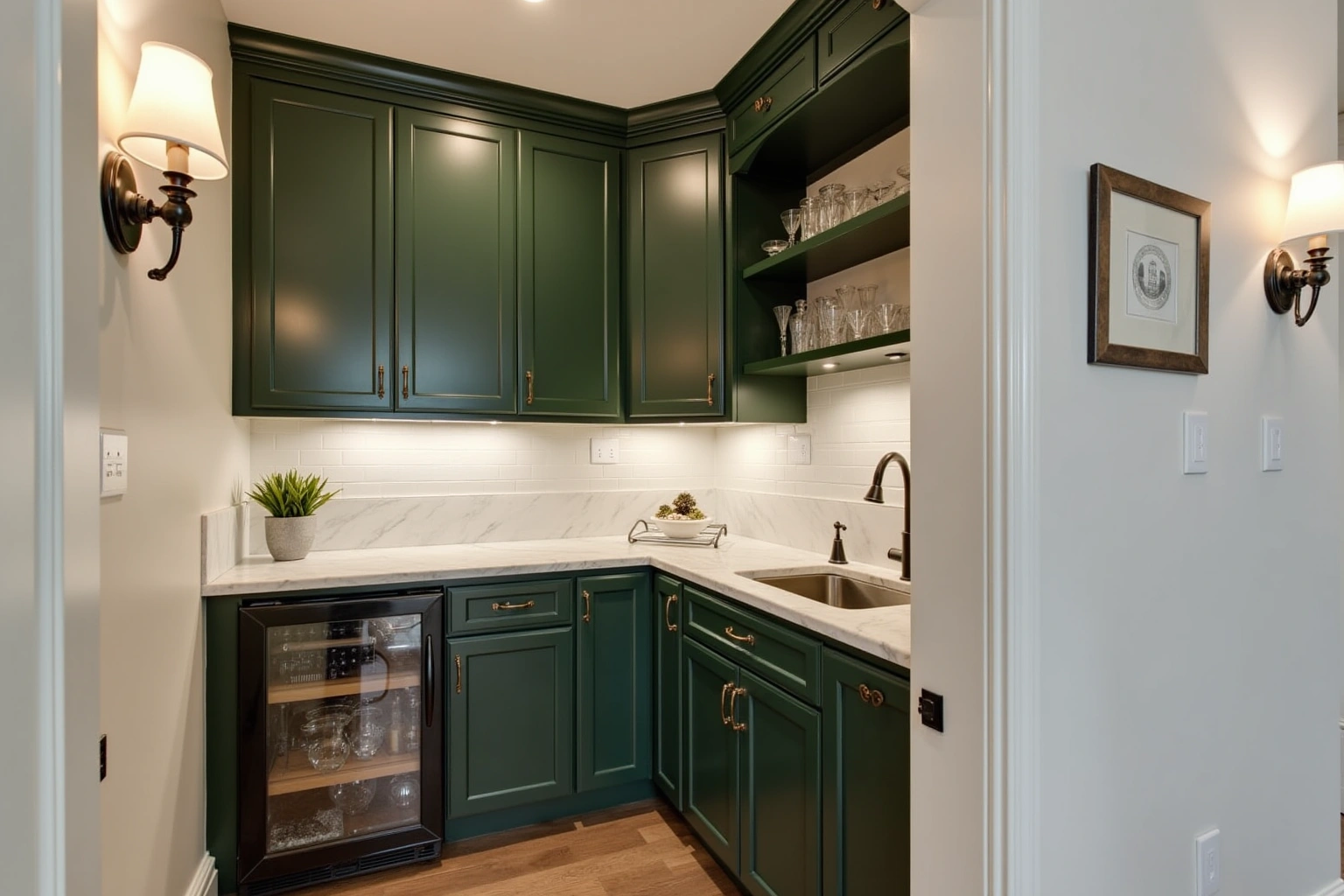 Dark green butler's pantry with a glass-door beverage fridge, a small sink, marble counter and open shelves of glassware.