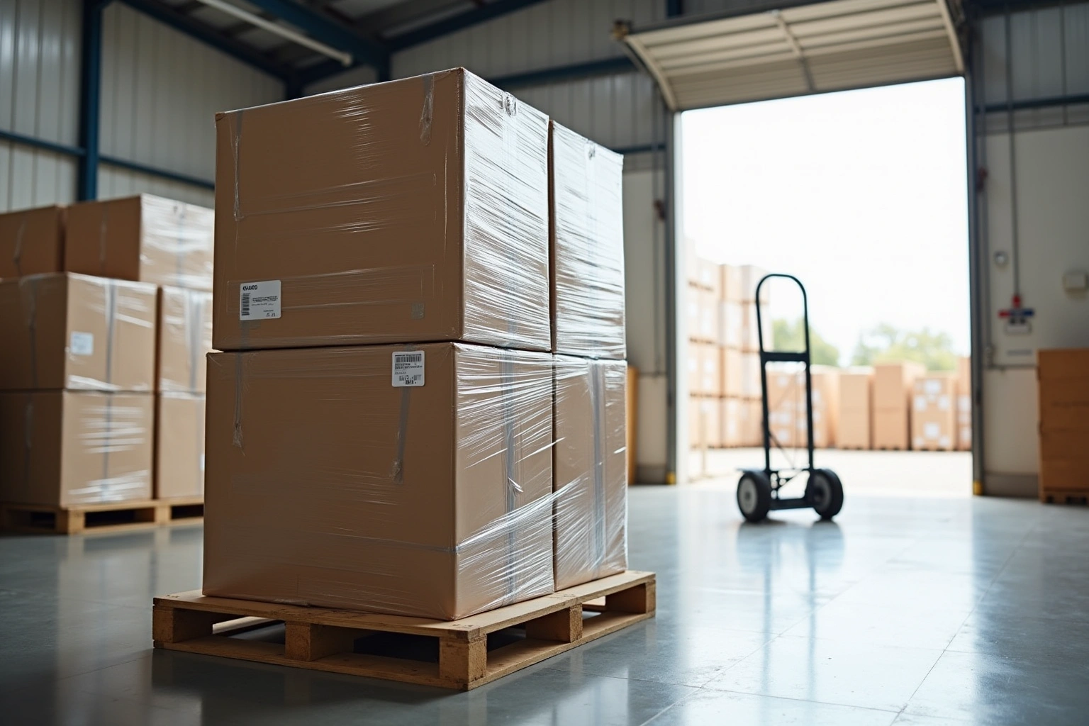 Shrink-wrapped cabinet boxes stacked on a wooden pallet in a warehouse, a hand truck by the open loading door.